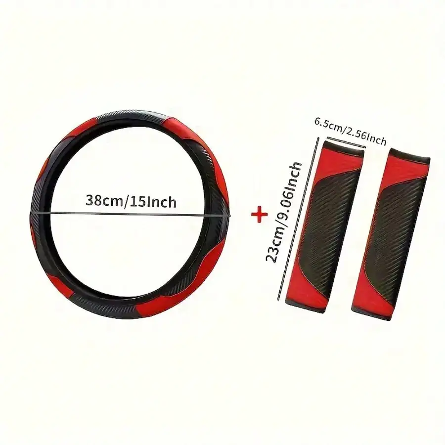 3 Piece Set, Car Interior Set, PU Leather Car Steering Wheel Cover Carbon Fiber Steering Wheel Cover and Shoulder Pad Set