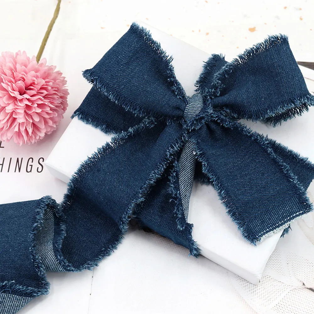 Denim Blue Polyester Ribbon with Spool Handmade Fringe Frayed Fabric Cloth for Wedding Invitations Bridal Bouquets Gift Wrapping