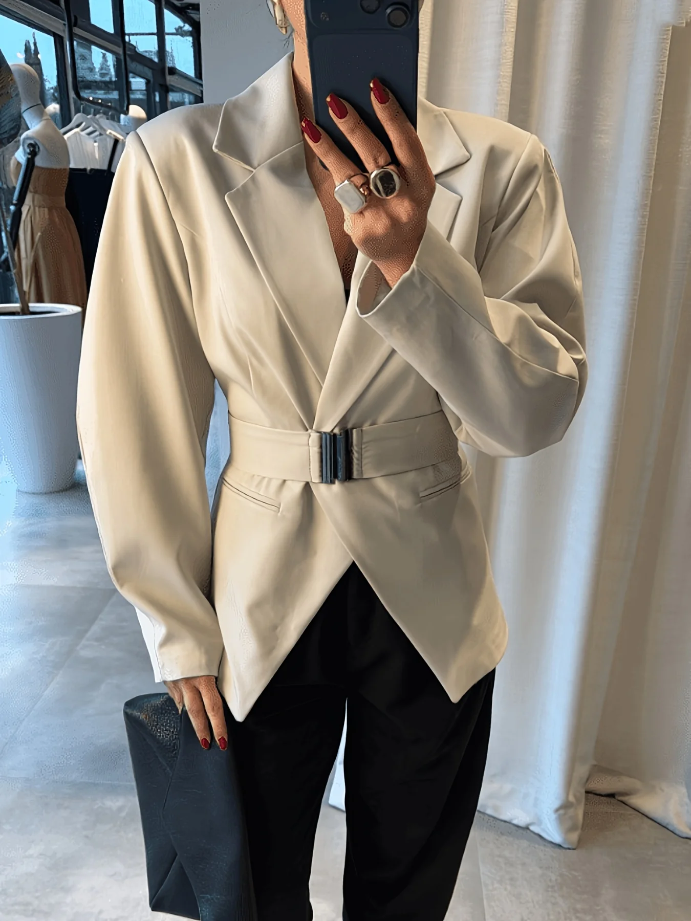 Women Beige Belted Waist Blazer Lapel Irregular Hem Office Long Sleeve Jacket