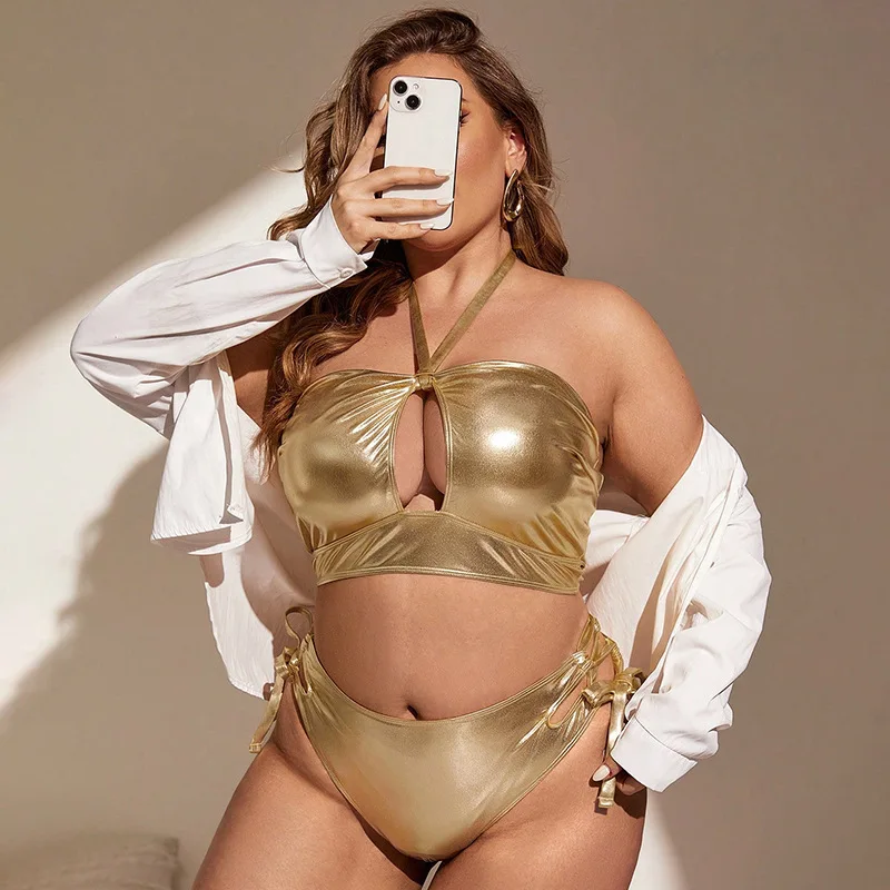 Bikini fendu de grande taille pour femmes, maillot de bain de plage suspendu en or, nouveauté, 2024