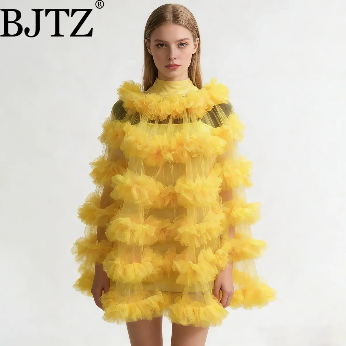 

BJTZ 2026 Spring Autumn Women's Tulle Dress - Luxury Ruffled Cape Style Layered Mesh Patchwork Elegant Midi Party Dress