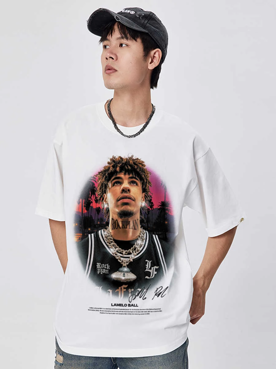 

2024 Rock Plan Star Three-ball Ball American Short Sleeve T-shirt Pure Cotton Loose To Do Old Basketball Clothes Kinematics Male