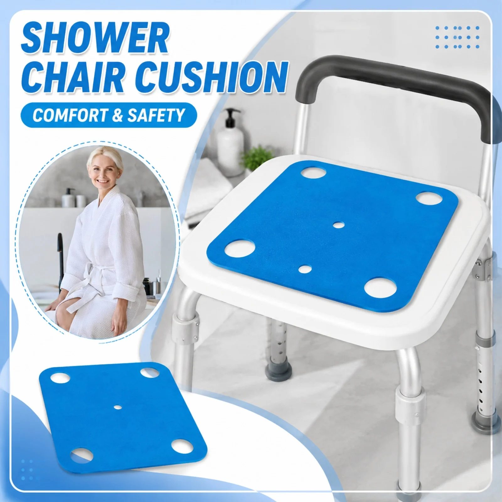Waterproof Shower Chair Cushion Non‑Slip Bath Seat Pad Cold‑Proof Hole‑Design Mat For Elderly Disabled Replacement Seat Cushion