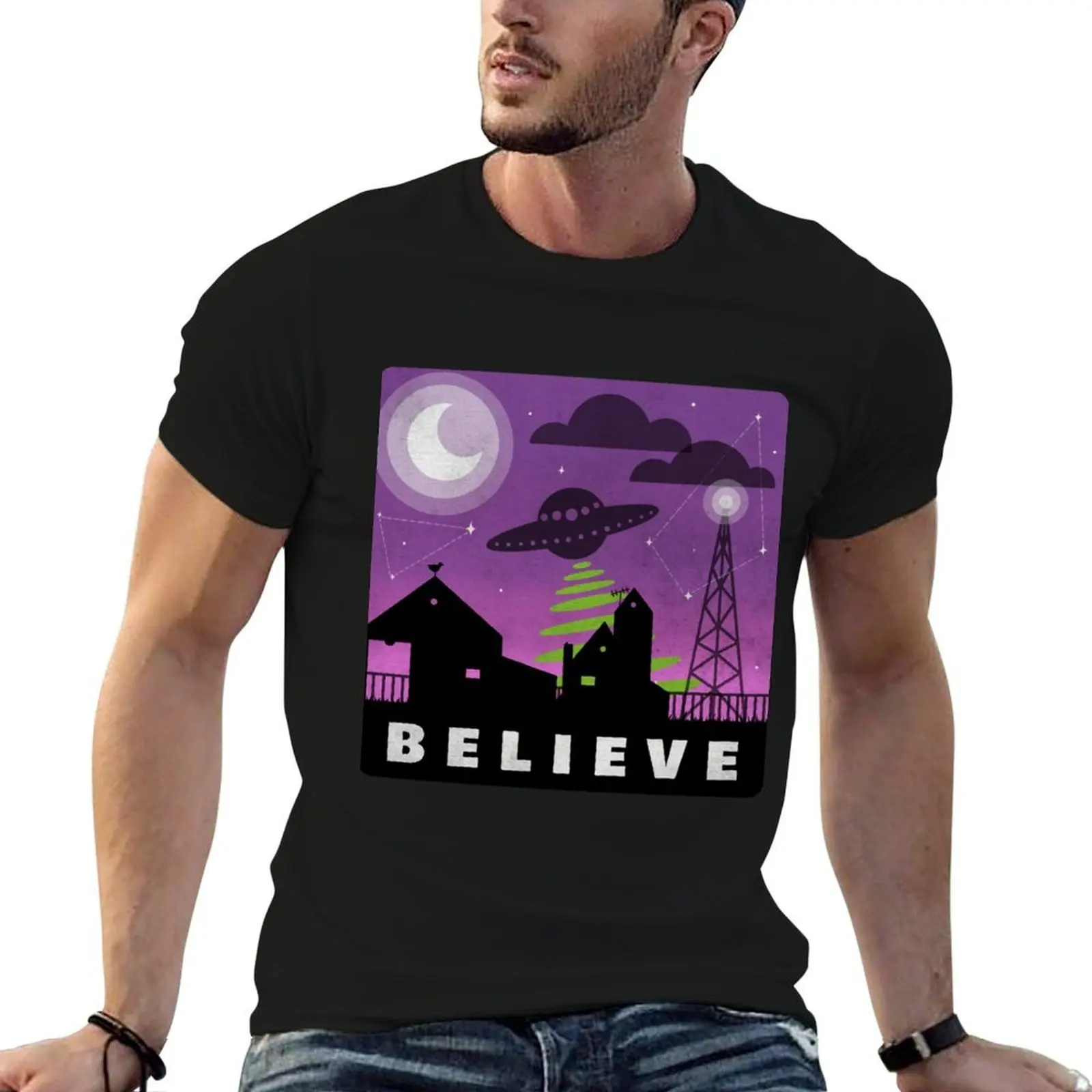 

Believe in aliens village nightscape T-Shirt t shirts for man slim fit man t shirt cotton high quality T-Shirt