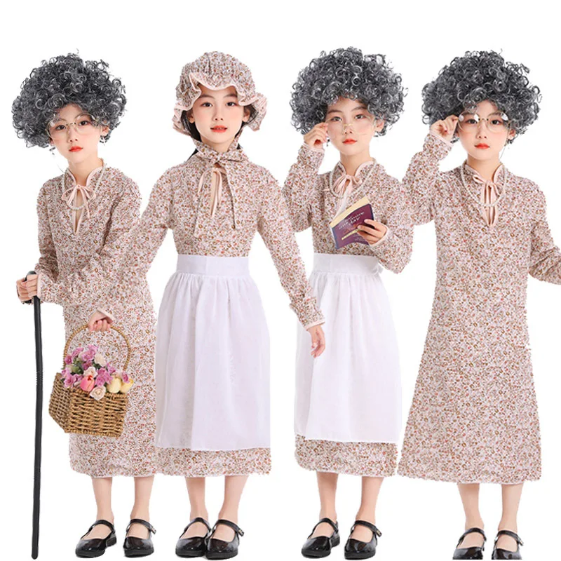 Disfraz de Abuela Lobo para Niños de Halloween, Vestido Floral de Abuela para Representación Teatral Campestre, Traje Tradicional Chino