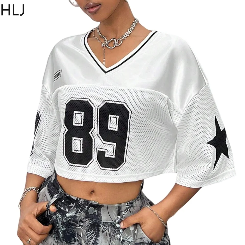 HLJ Y2K Streetwear Women V Neck Short Sleeve Letter Print Crop Top And High Waist Straight Pants Two Piece Sets Fashion Outfits