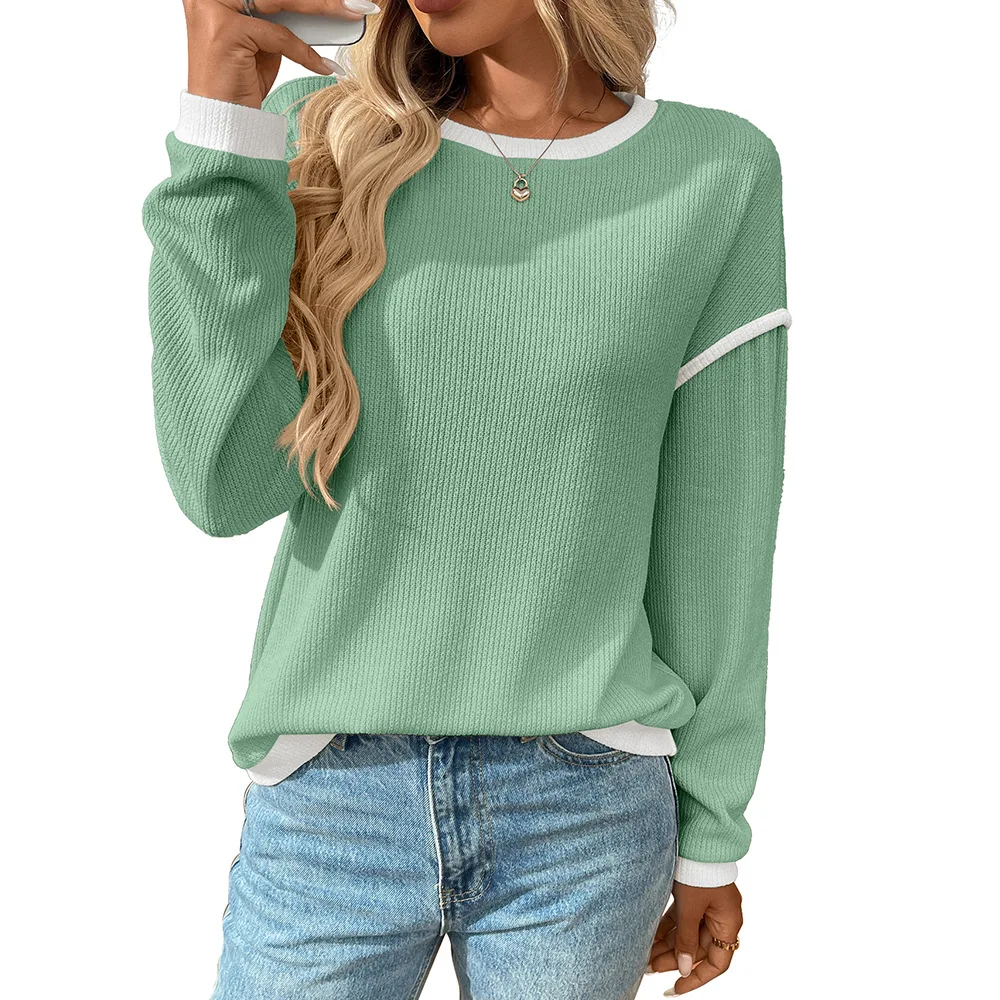 Pull Imitation col rond pour femme, manches longues, blocage de couleur, ample, confortable, polyvalent, nouvelle collection automne et hiver