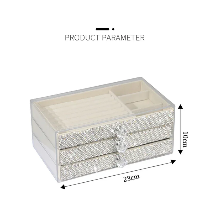 Luxury Diamond Drawer Makeup Box Stackable Jewelry Storage Box Acrylic Bedroom Desktop Organization Earring Necklace Holder