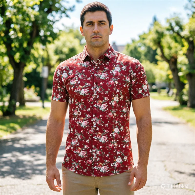 

Red Men's Summer Casual Short Sleeved Printed Cotton Shirt, Hawaiian/beach/vacation Shirt, European Size Full Print Shirt
