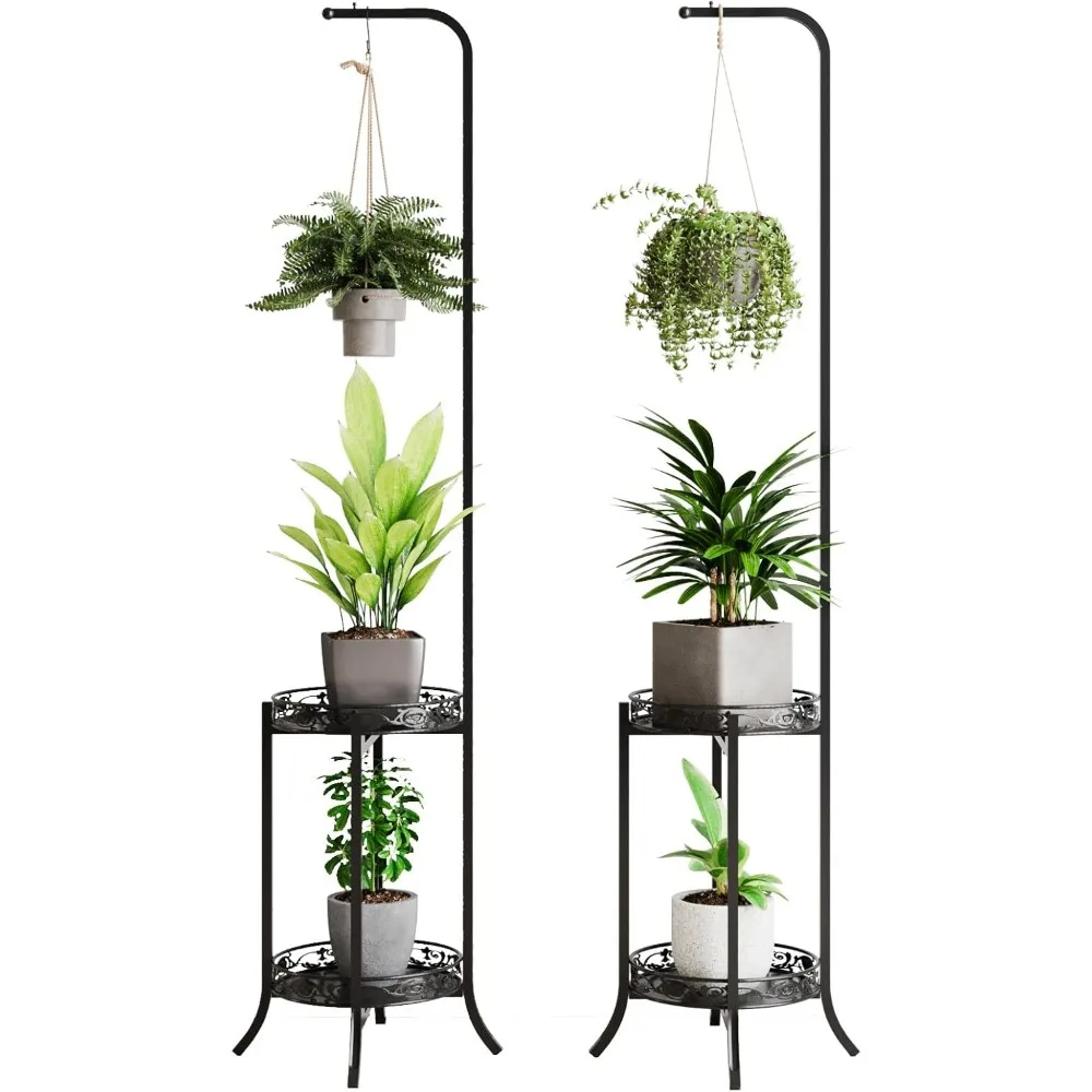 

2-Tier Hanging Plant Stand 2 Pack, Space-Saving Iron Planter Shelves for Indoor Outdoor Display