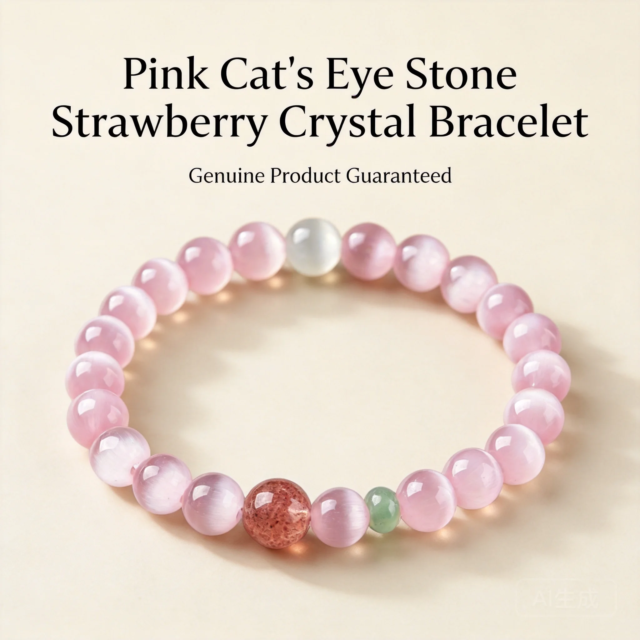 Snqp Chinese Style Auspicious Pink Cat Eye Strawberry Quartz Crystal Bracelet For Women Blessing Good Luck Fortune Friendship