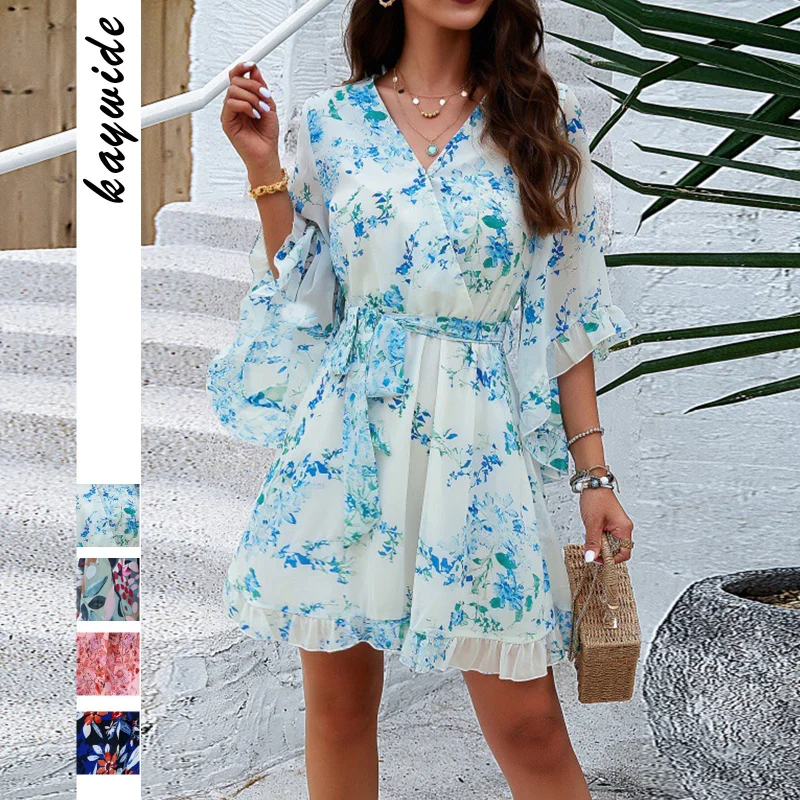 

2025 Spring/Summer Vacation Casual Print Tie-Front Women's Fashion Dress A002