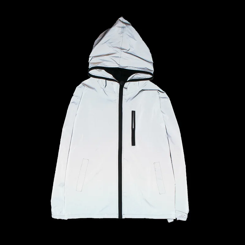 

Men Night Reflective Hooded Jacket Double Layer Fabric Windproof Waterproof Zipper Hip Hop Streetwear Outerwear Coat