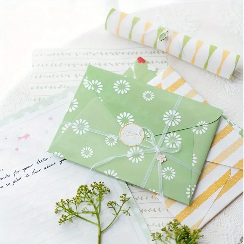 12 unidades/pacote conjunto de papéis de carta e envelopes com pingentes e fitas aleatórias