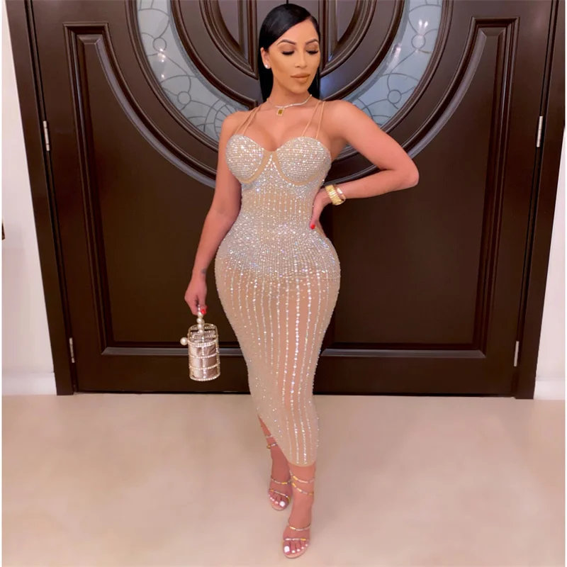 Sparkly Rhinestone Birthday Dress Women Mesh See Through Spagetti Straps Strapless Midi Bodycon Dress Sexy Club Party Dresses