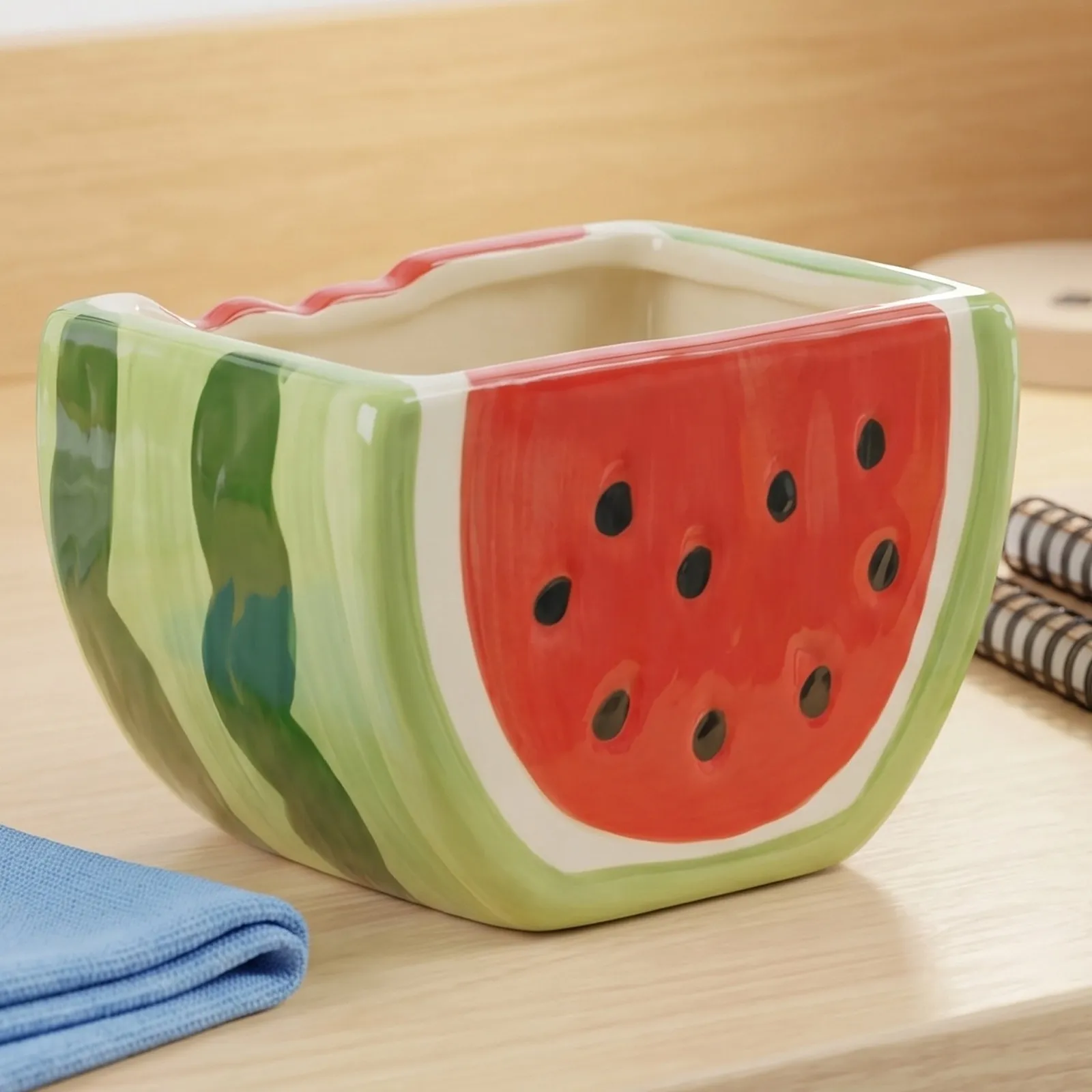 Ceramic Watermelon Planter Small Succulent Pot Smooth Glaze Decorative Indoor Plant Pot for Cactus Desk Windowsill