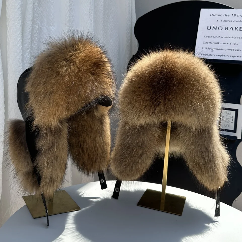 New 100% Genuine Fox Fur Ear-Protecting Hat Men Real Raccoon Fur Hat Women Winter Warm Fur Real Sheep Leather Snow Hat