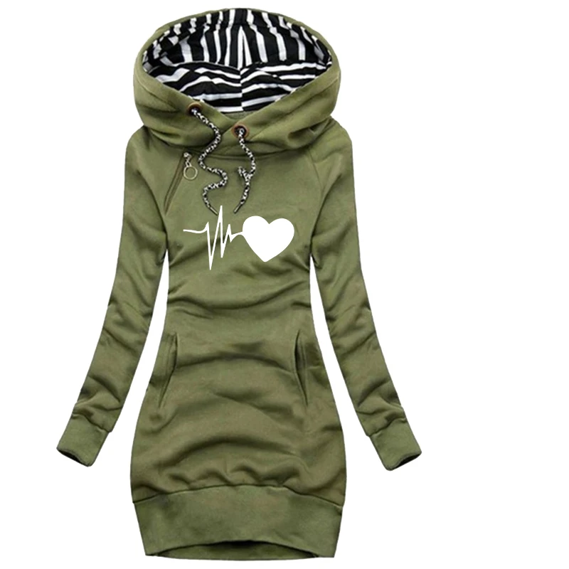 New electrocardiogram Printed Women Autumn Winter Solid Color Long Sleeve Casual Hoodies Dress Sweater Dress S-3XL