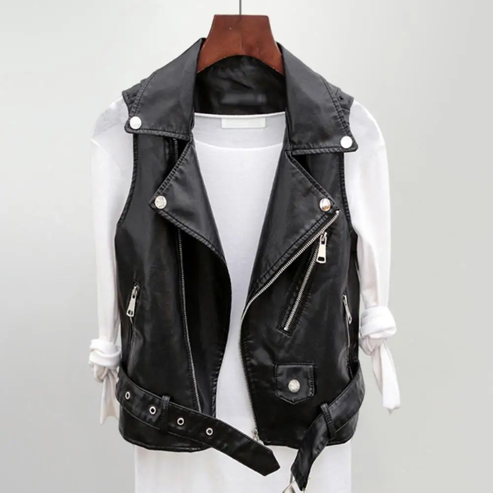 

Belt Decor Vest Coat Stylish Women's Faux Leather Vest with Belted Turn-down Collar Zip-up Sleeveless Design Retro for Commuting