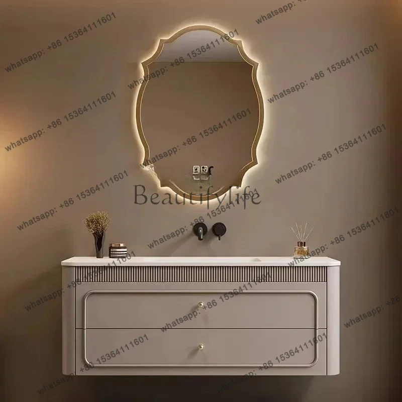 

Комплект мебели для ванной комнаты FG43LX: тумба с интегрированной раковиной из каменной плиты, изготовленной методом горячей гибки, французский умывальник