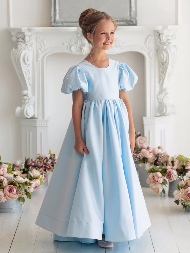 Vestido azul céu menina flor com arco pérola, cetim sólido, manga curta, casamento, festa de aniversário, banquete, vestidos princesa