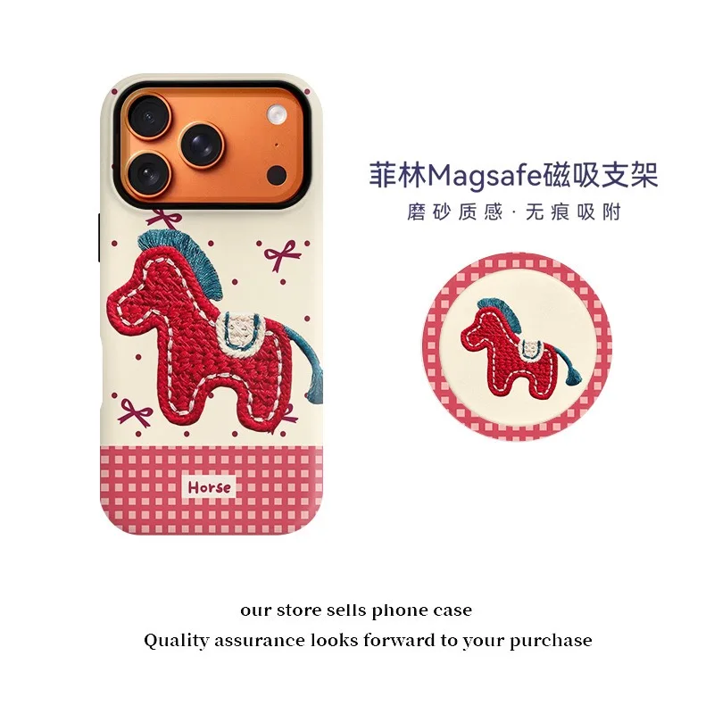 

Ins Korean Red Knitted Pony Phone Case for IPhone 17 16 Pro 15 14 13 12 11 Pro Max XR Cover with Magsafe Cute Stand Holder Cases