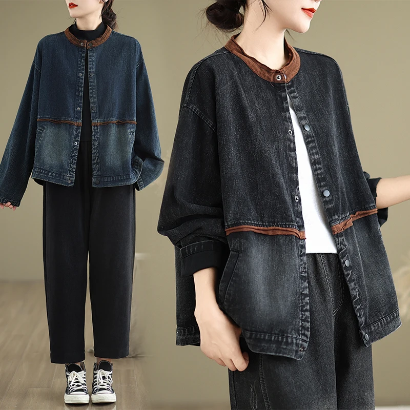 New Arrival 2024 Autumn Vintage Women Jacket Casual Loose O-neck Long Sleeve Pocket Patchwork Single Breasted Cotton Denim Coats