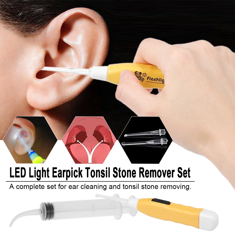 LED Light Earpick Tonsil Stone Remover Tool Earwax Remover With 3 Tips Irrigator Syringe Oral Care Tool Random Color