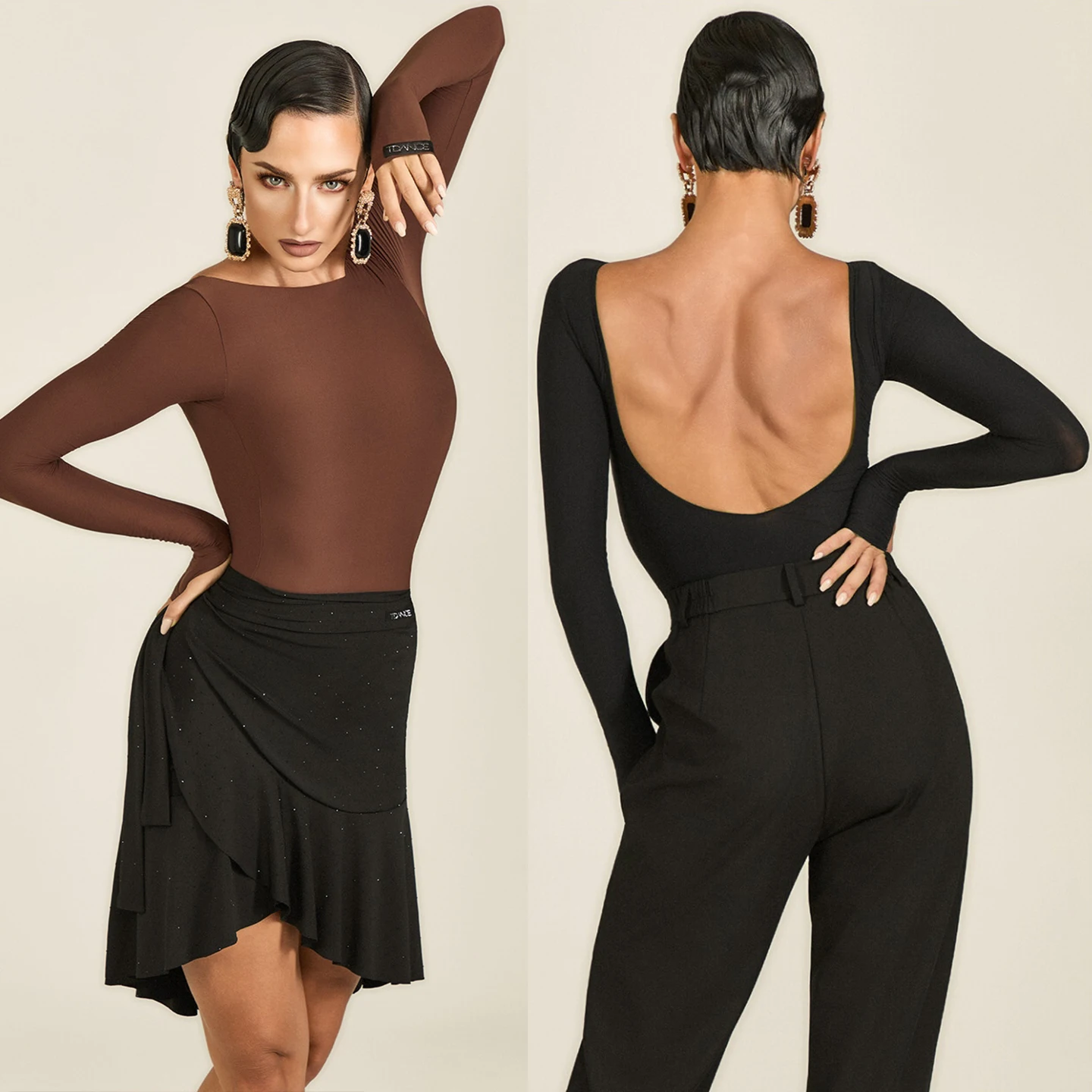 

Одежда для латинских бальных танцев, топы с длинными рукавами, коричневые, черные трико, женская одежда для танцев чача-румба, тренировочные топы NV25220