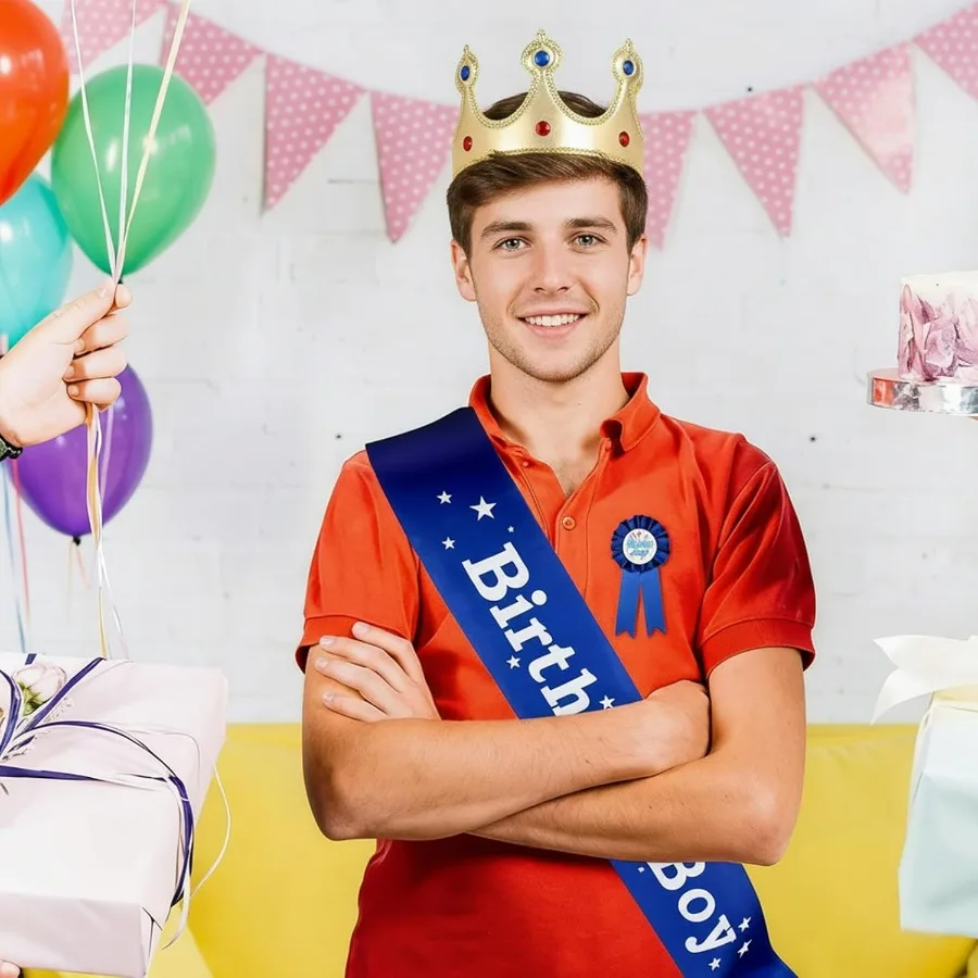 Blaue Sternenhimmel-Geburtstagsschleife, Krone, Schultergurt für den Geburtstagsjungen, Partyzubehör, Taillengürtel. – Detail 2