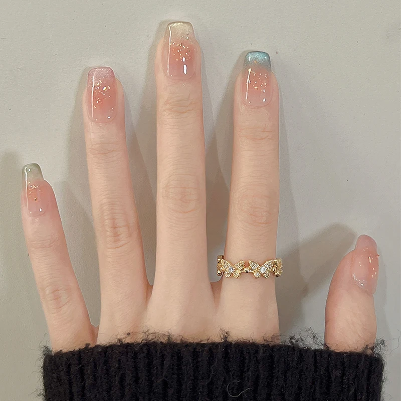

10PCS Cat Eye Press on Nails Short Square Ladder Rainbow Glow Gel False Nails Handmade Luxury Glossy Nails Art Designs for Girls