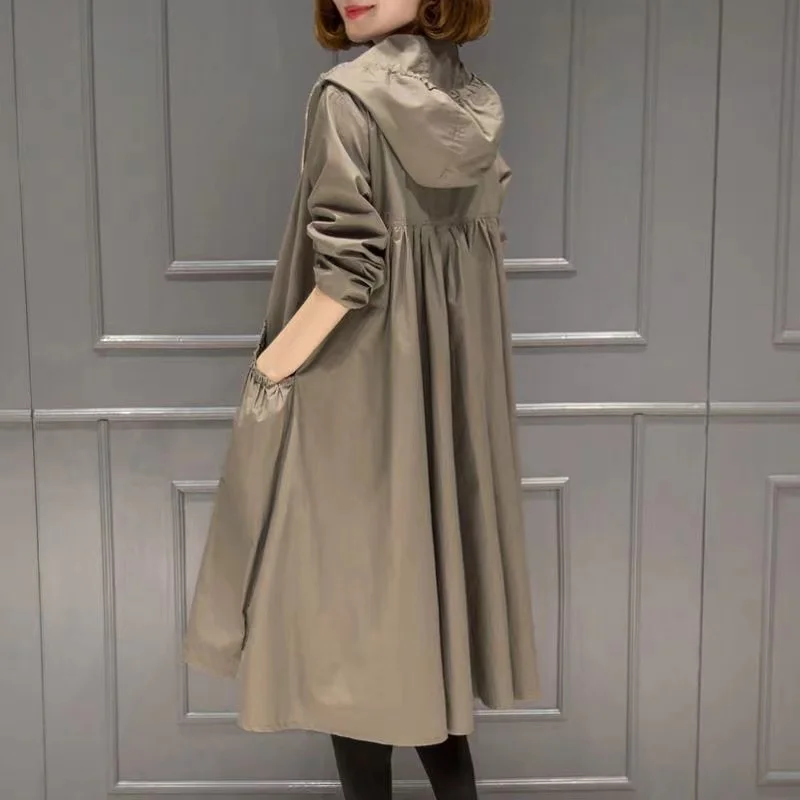 New Long Coat Thin Trench Coat Women 2023New Spring Autumn Large Size Loose Hooded Female Windbreaker Casual Outerwear