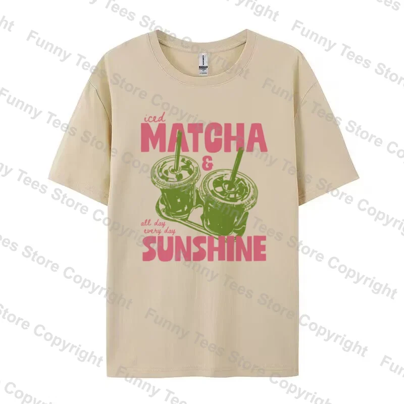 Iced Matcha Sunshine Cute Graphic Tshirt Women Vintage Matcha Lover T Shirt Trendy Y2k Aesthetic Streetwear Cotton Summer Tops