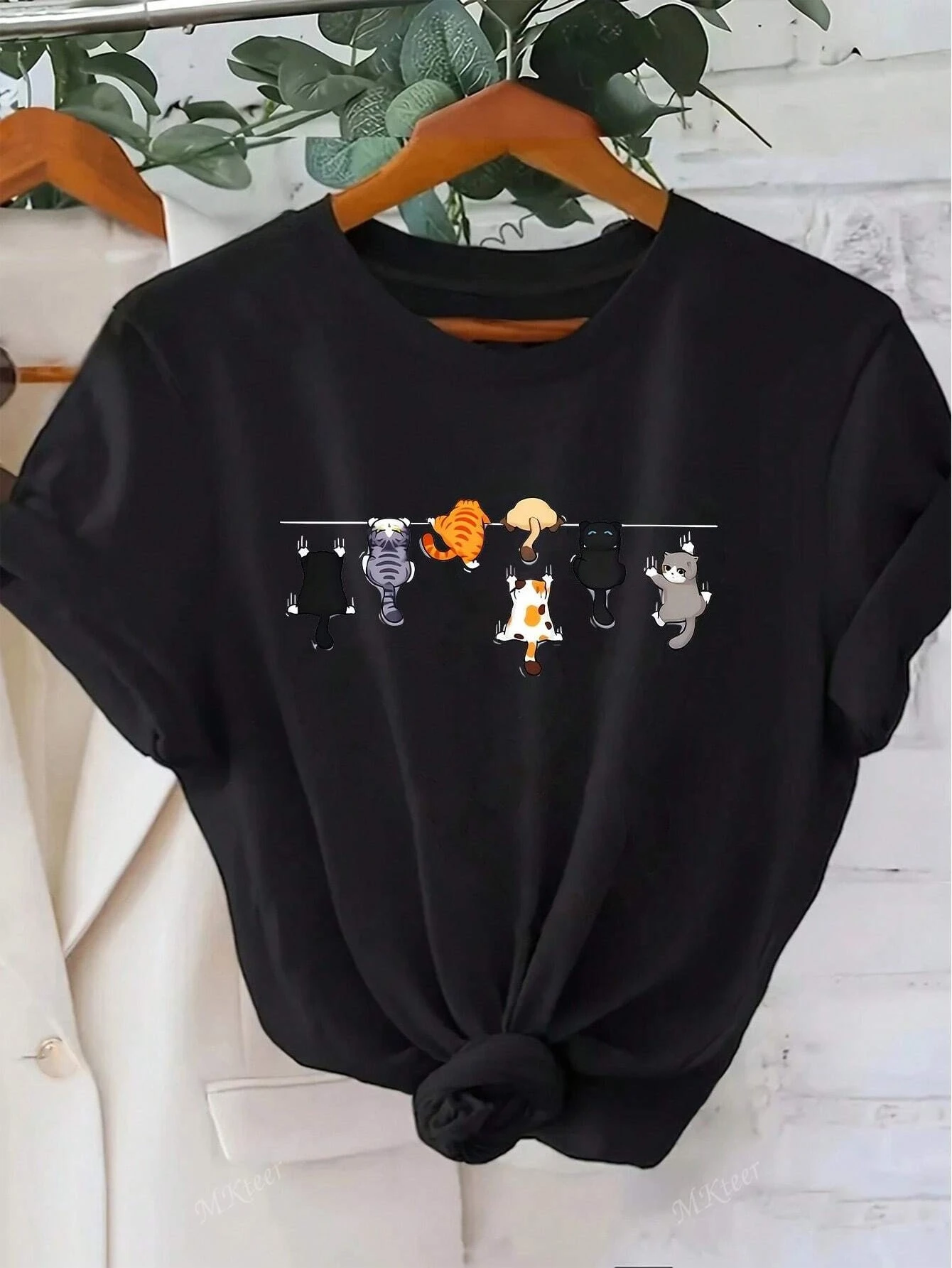 Women's Oversize Cute Cat Print Round Neck Short Sleeve Casual T-Shirt White Short Sleeve with Cat Clothing Tee Female Tops