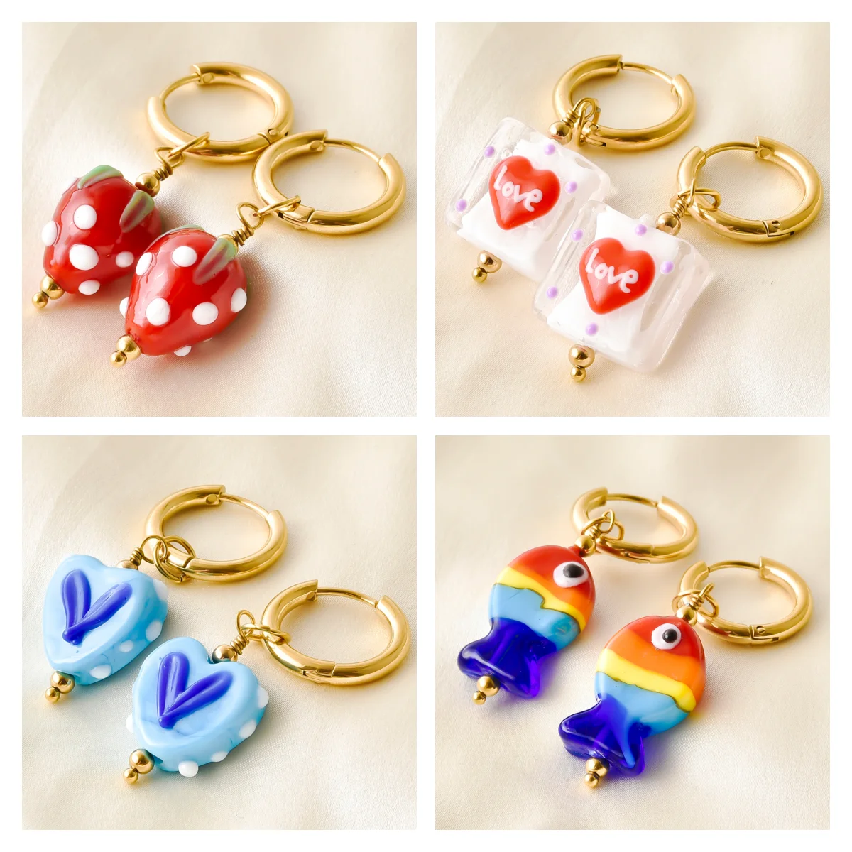Sweet Lampwork Glass Bead Huggie Hoop Earrings Cute Cartoon Heart Mushroom Fish Drop Earrings Trendy Jewelry For Women Accessory