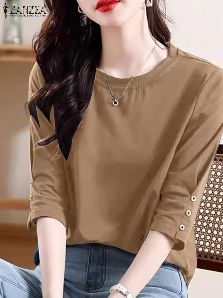 ZANZEA Elegant Office Basic Tops Women Half Sleeve Buttons Blouse 2024 Summer Solid Round Neck Blusas Female Tunic Casual Shirts