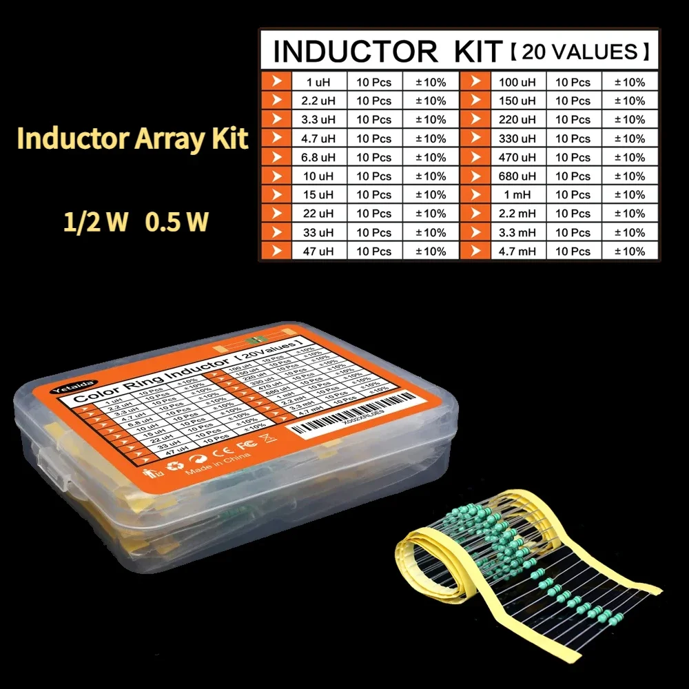 200PCS 1/2W Inductor Assortment Set 0.5W Color Ring Inductance 1UH to 4.7MH 20Valuesx10pcs Inductors Assorted Kit
