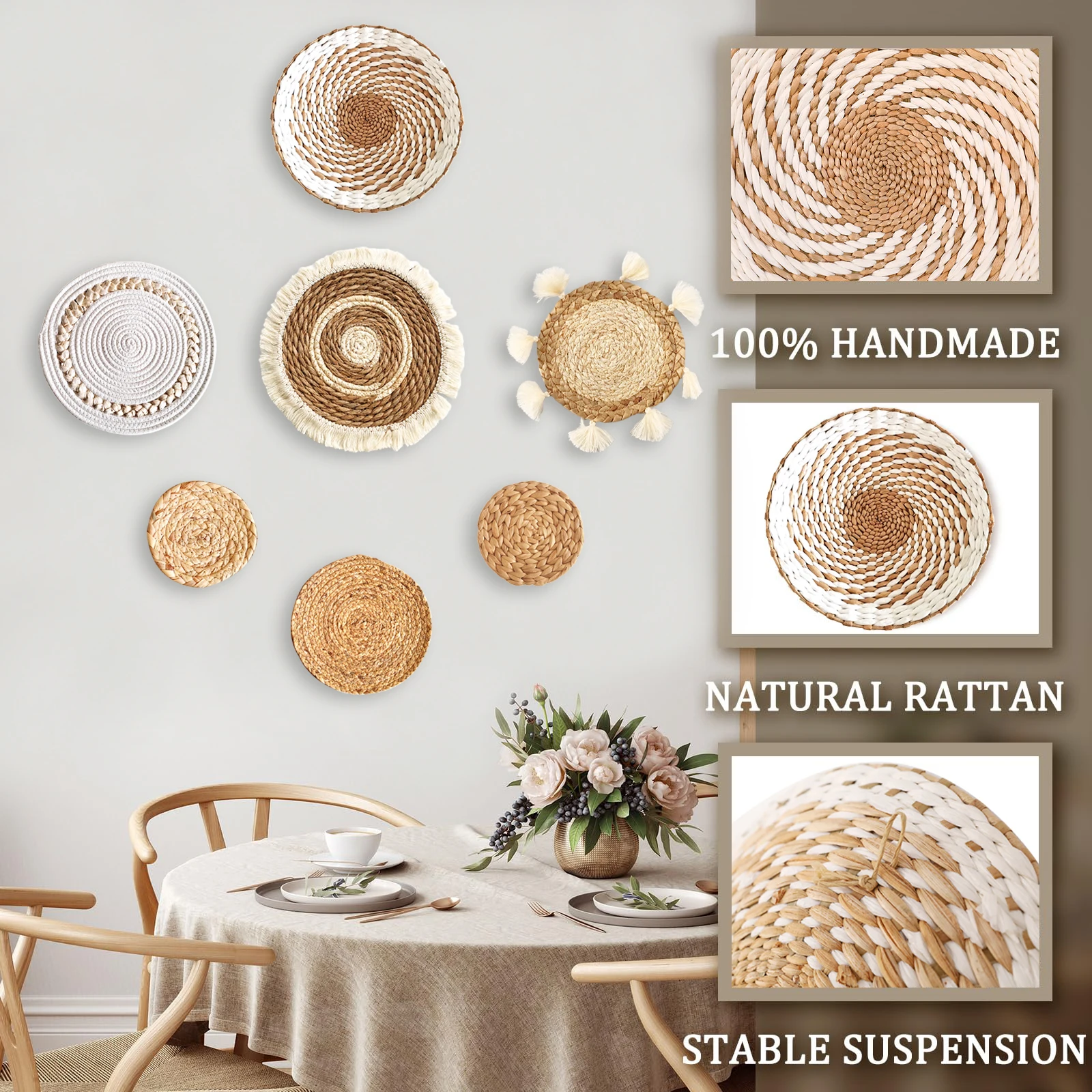 Set di 7 decorazioni per cestini da parete Boho decorazione da parete in Rattan intrecciato decorazione da parete in vimini fatta a mano decorazione