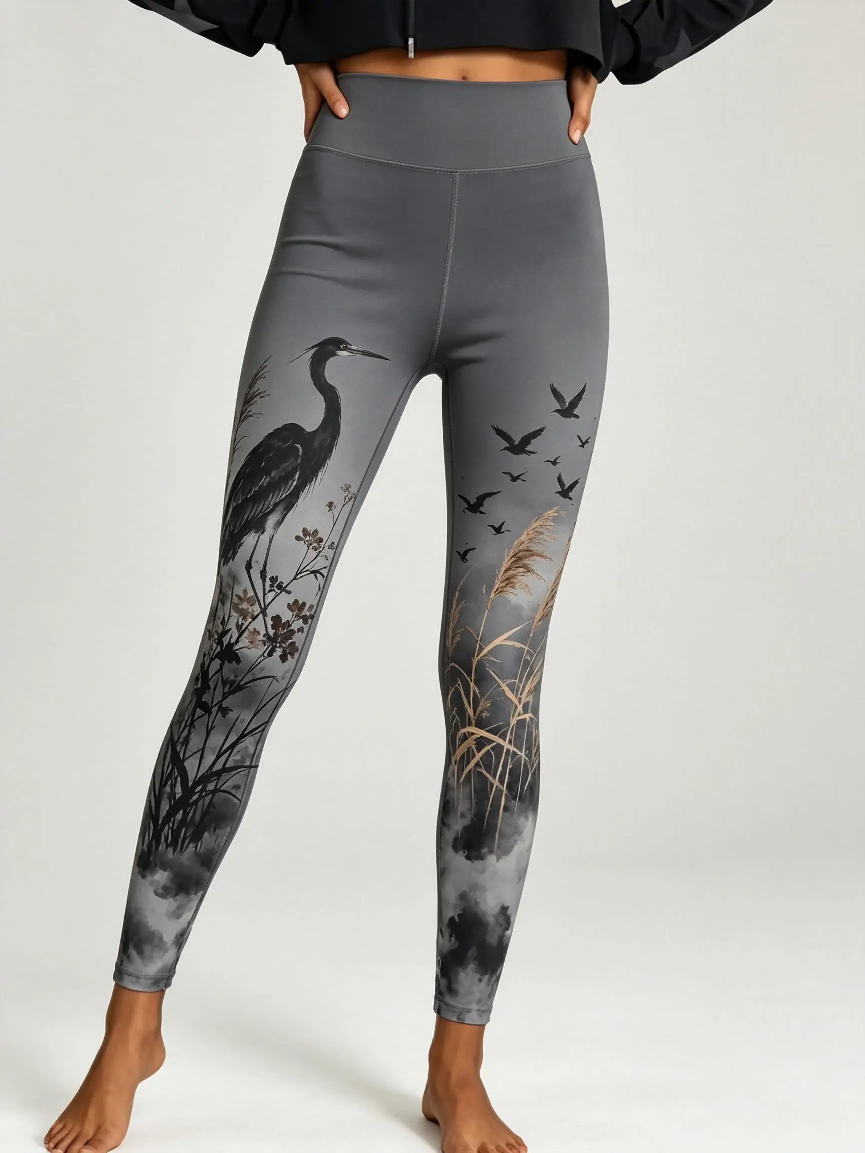 Women Fleece‑lined Mid‑rise Leggings Oriental Ink Wash Egret Reed Bird Floral Landscape Side‑leg Print Slim Stretch Casual Pants