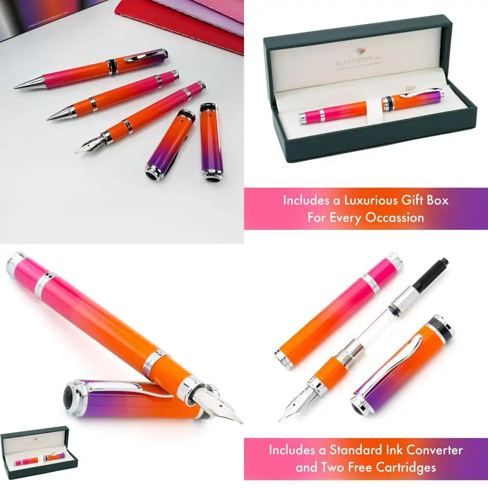 

Luxury Ombre Harmony Fountain Pen with Purple, Orange, and Pink Gradient, Medium Nib, Refillable, Gift Box Included