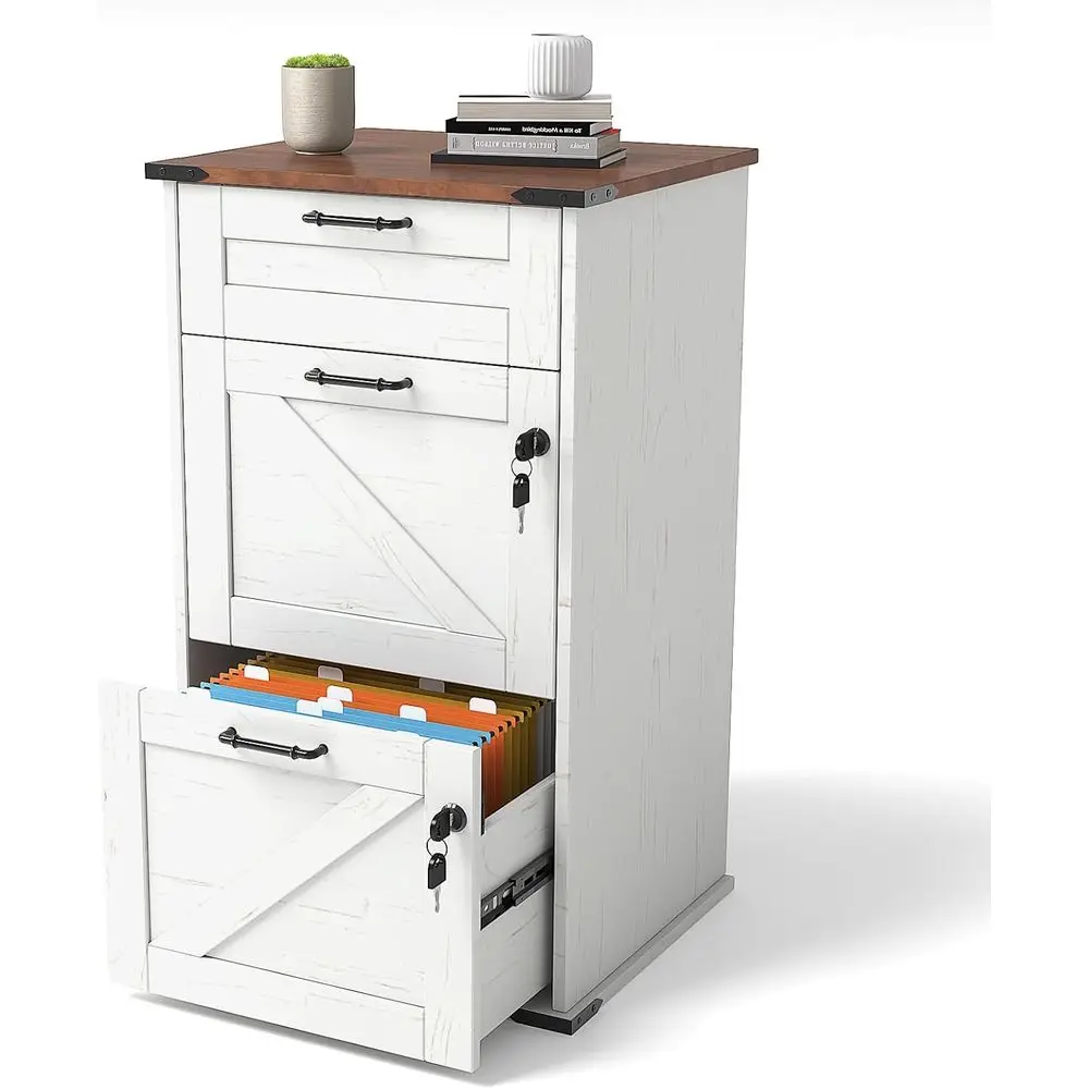 Letter Size File Cabinet with Lock, Home Office Storage Organizer, Rustic White & Brown Wood Filing Cabinet