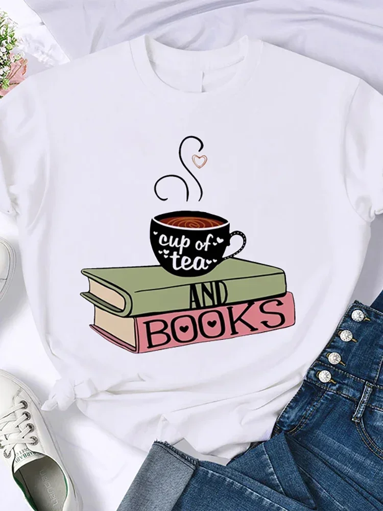 Moda feminina impressão camiseta café & livros camiseta harajuku topos camiseta femme vintage verão menina manga curta topo