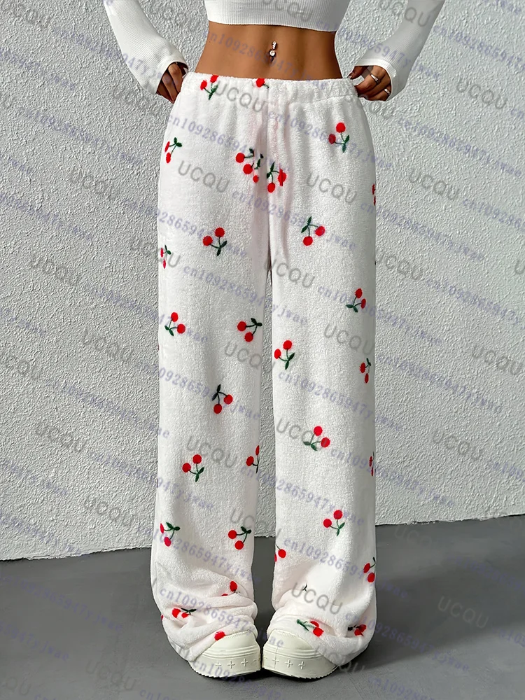 Women's Elegant Casual Pants Straight Leg Trousers with Red Cherry Flannel Home Trouser Ladies Pants Autumn Winter Pajamas Pants
