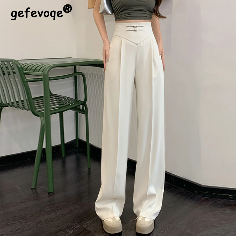 

Women Clothes Vintage Chinese Style High Waist Elegant Wide Leg Suit Pants Female Casual Chic Pockets Straight Trousers Pantalon