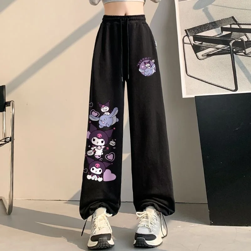 กางเกงสตรีทแวร์ลายคุโรมิสไตล์ Y2K ทรงเรโทร ฮิปฮอป ผ้าสเวตแพนท์ ผู้หญิง ทรงหลวมตรง เอวสูง พิมพ์ลายโลตโซ