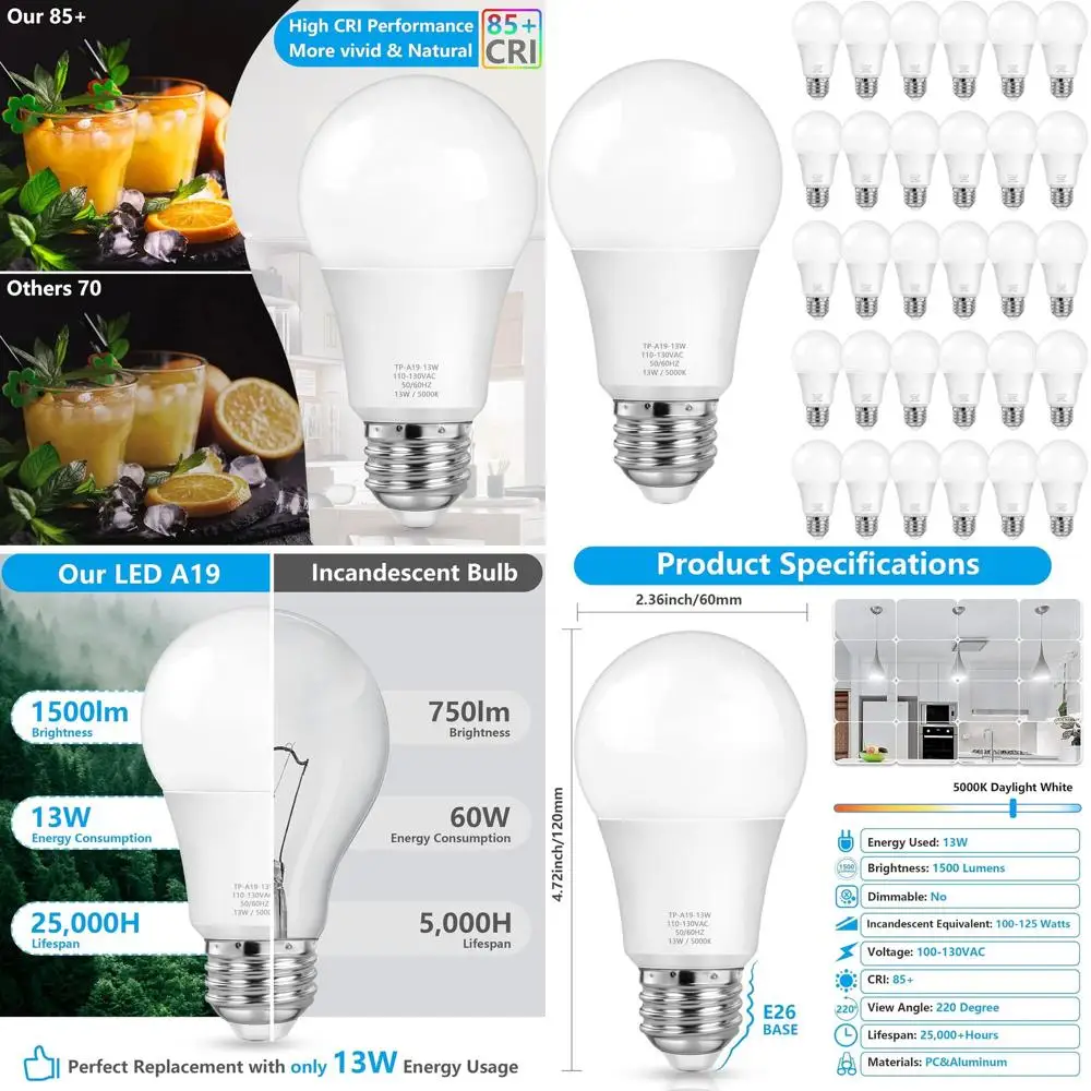 

Daylight 5000K 13W LED Bulbs, 1500 Lumens, 100W Equivalent, Non-Dimmable, 30-Pack