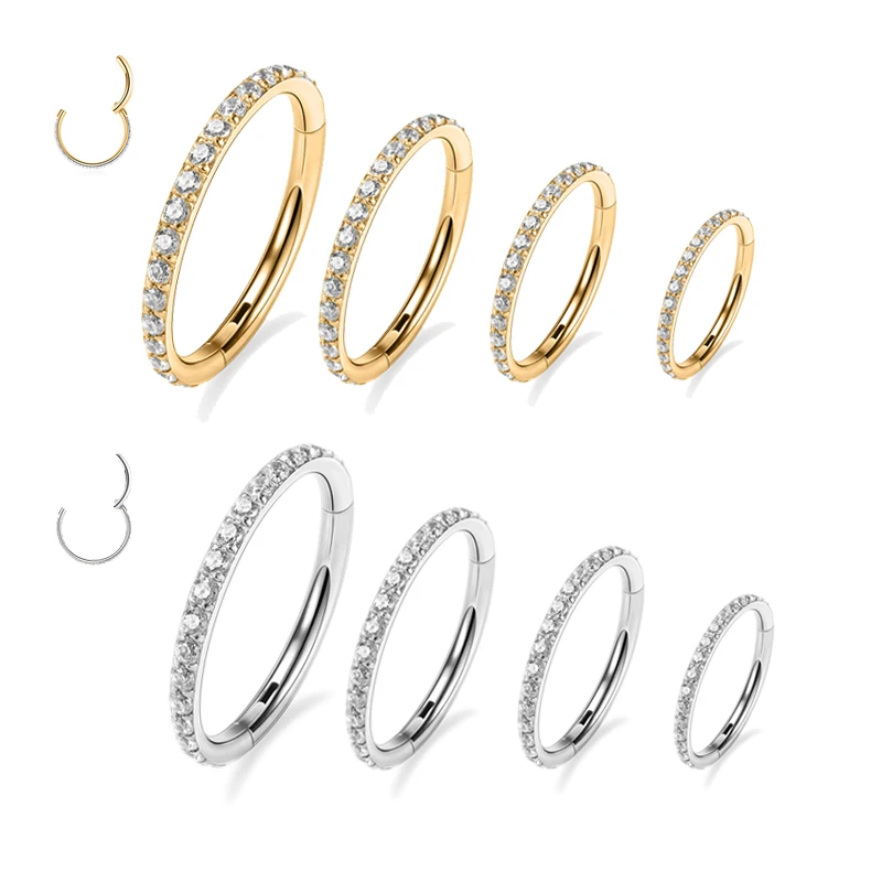 Hypoallergenic Titanium 16G CZ Huggie Hoop Earring Hinged Clicker Cubic Zircon Cartilage Helix Conch Nose Ring Jewelry Piercing