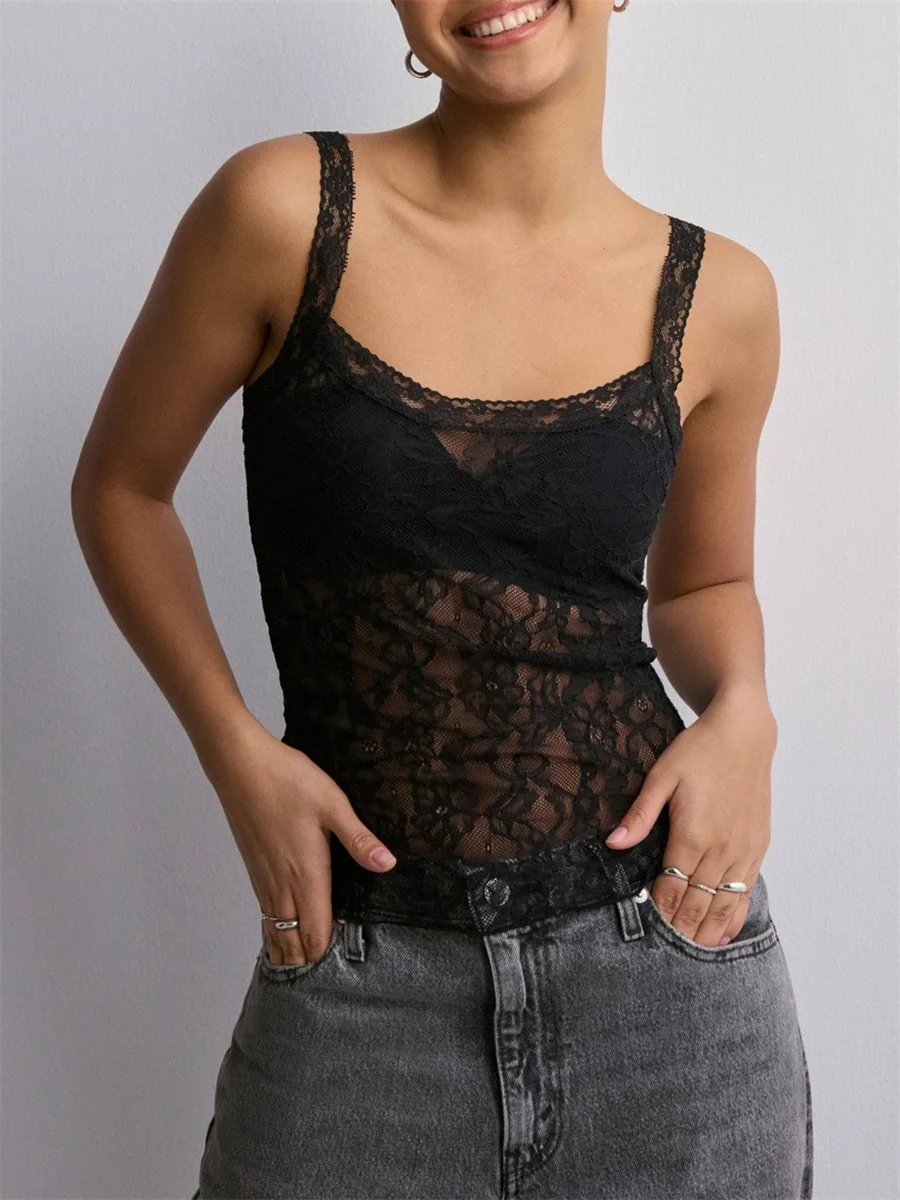 Women Camisoles Lace See-Through Y2k Tank Tops Summer Sleeveless Tops Streetwear