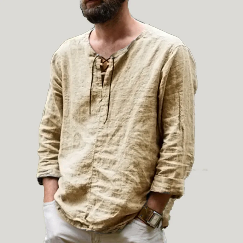 Spring And Autumn New Men's Casual Loose Solid Color Drawstring Long Sleeve Shirt Cotton And Linen Stand-Up Collar Shirt
