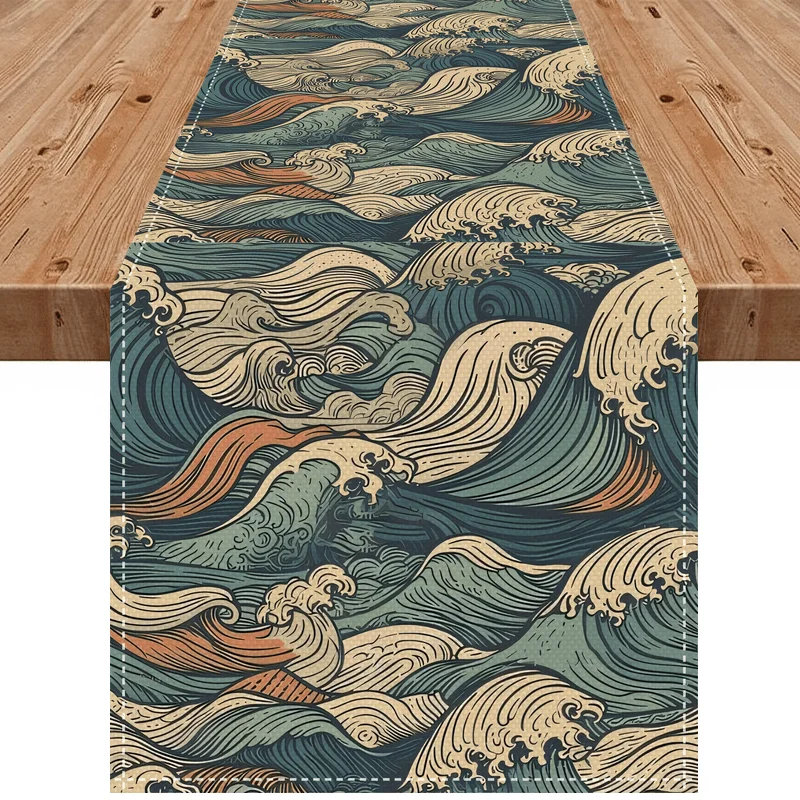 Camino de mesa con ondas náuticas japonesas inspirado en Hokusai, verde, beige, marrón, decoración para fiesta de comedor navideña de otoño fácil de limpiar